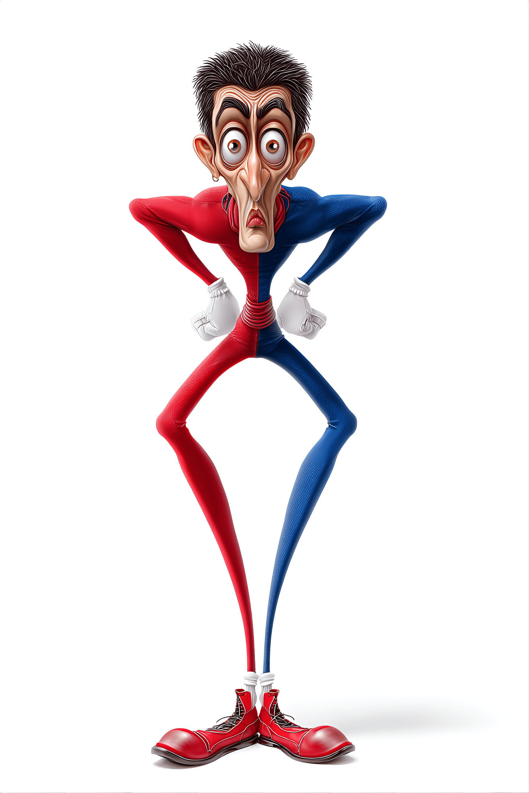 AI generated: funny caricature, wacky contortionist, male, 30 years old, flexible, energetic, odd, extremely lanky...