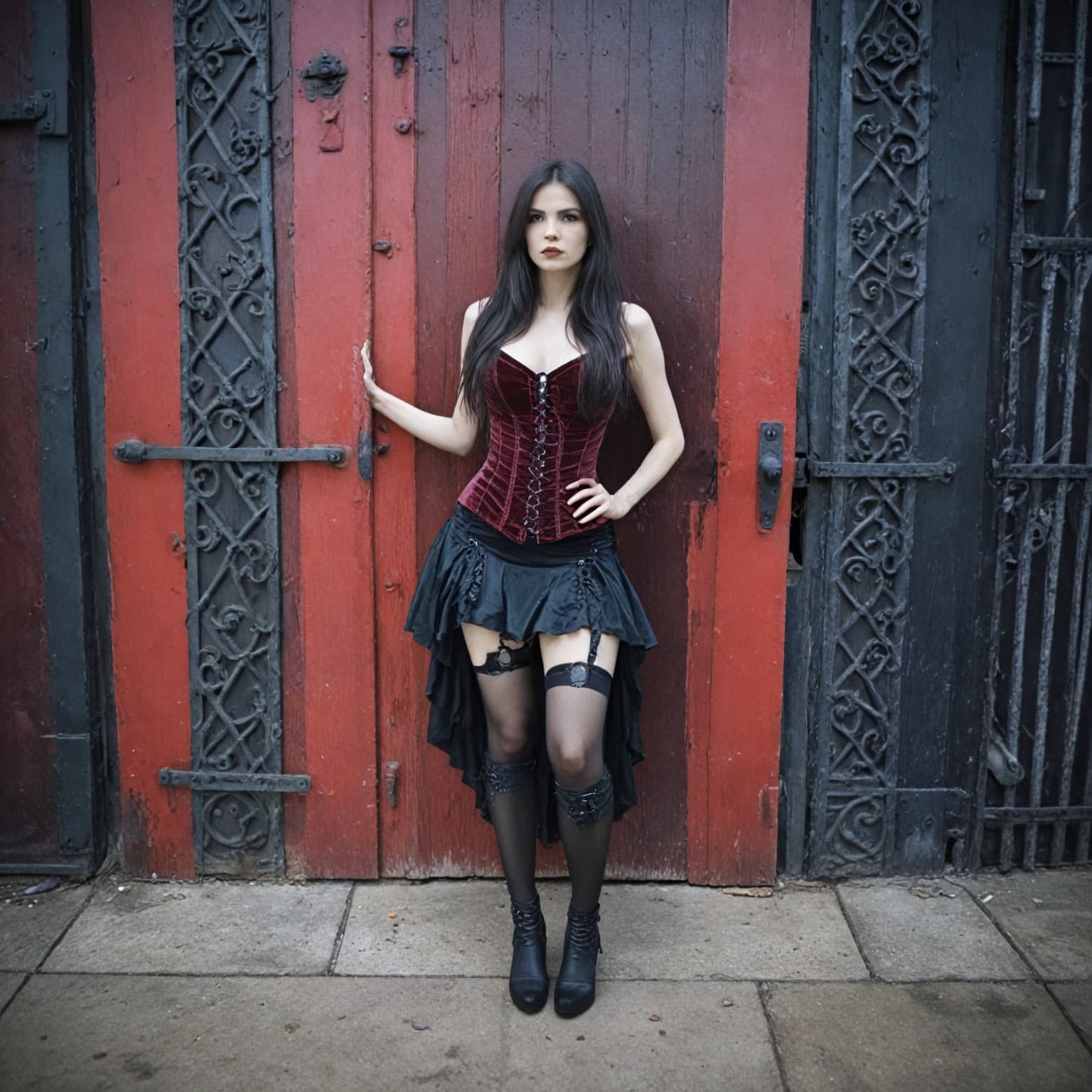 AI generated: tall and thin gothic woman. full body. long hair. eyes closed. She wears a red Gothic Velvet Fishbon...