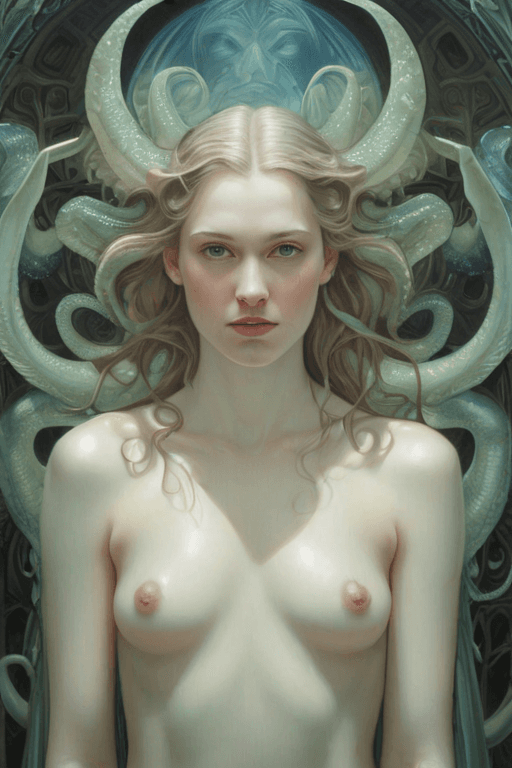 AI generated: (realistic) oil on canvas, painting , 1woman, with the head of cthulhu( full body:1.3), masterpiece,...
