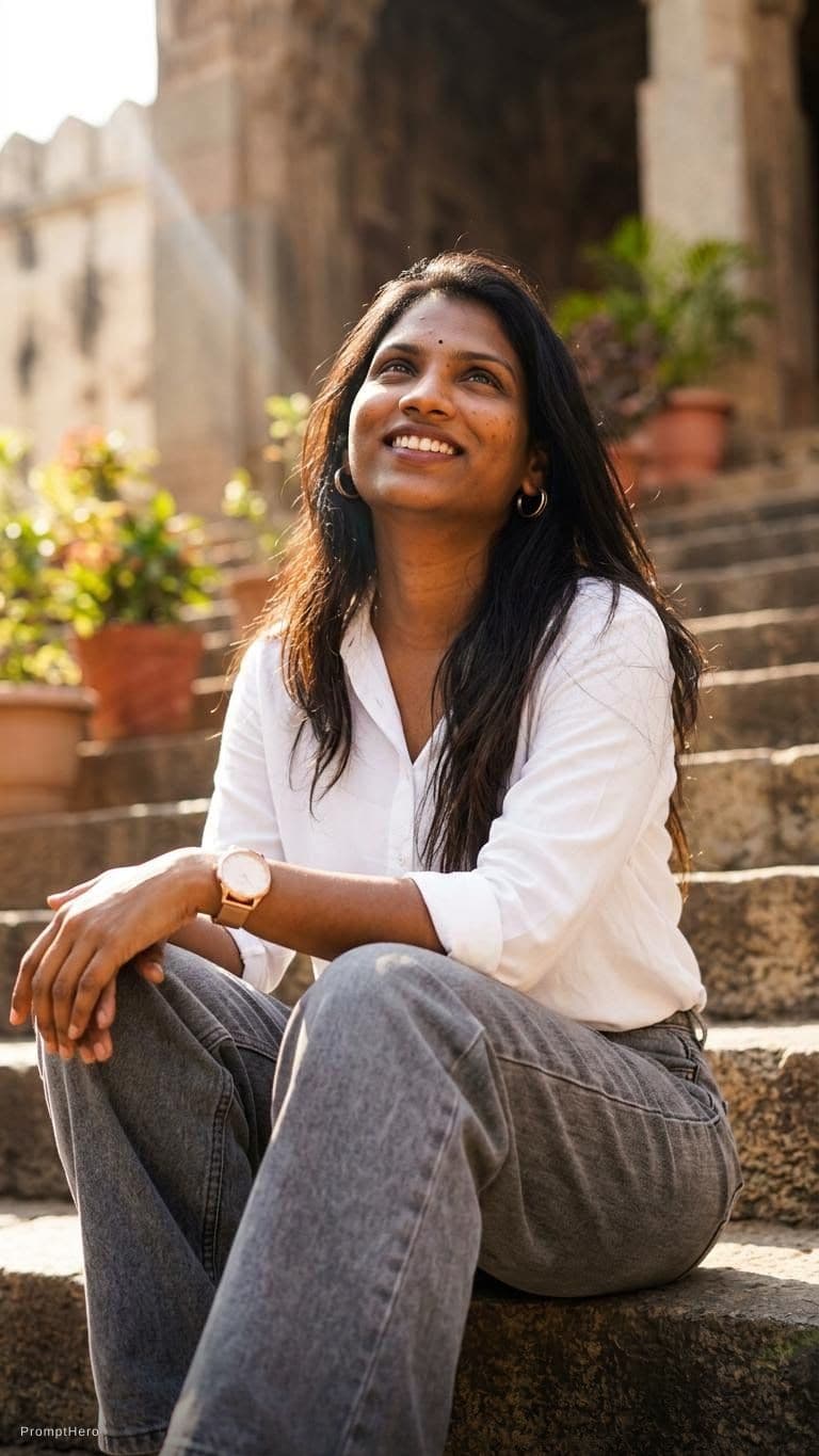 AI generated: Convert into face up sun light on face sitting on steps . With grey lose jeans and white shirt with ...