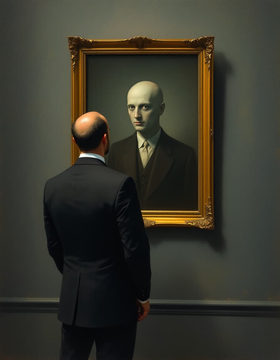 AI generated: in this surrealist painting in the style of René Magritte  a man is 3/4 quarter turned from the view...
