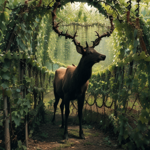 AI generated: an elk made of ( ( ( ( vines and branches ) ) ) )!!!!! stands in the middle of a dark forest <lora:F...