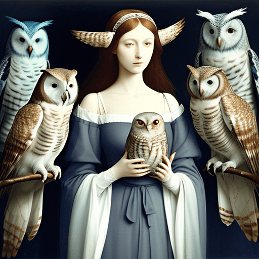 AI generated: images of woman with her owls, in the style of ethereal beauty, porcelain, dark white and light azur...