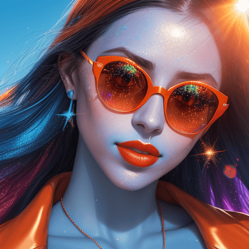 AI generated: close up portrait of woman with orange sunglasses and blue lipstick, glitter on her face, sun rays, ...