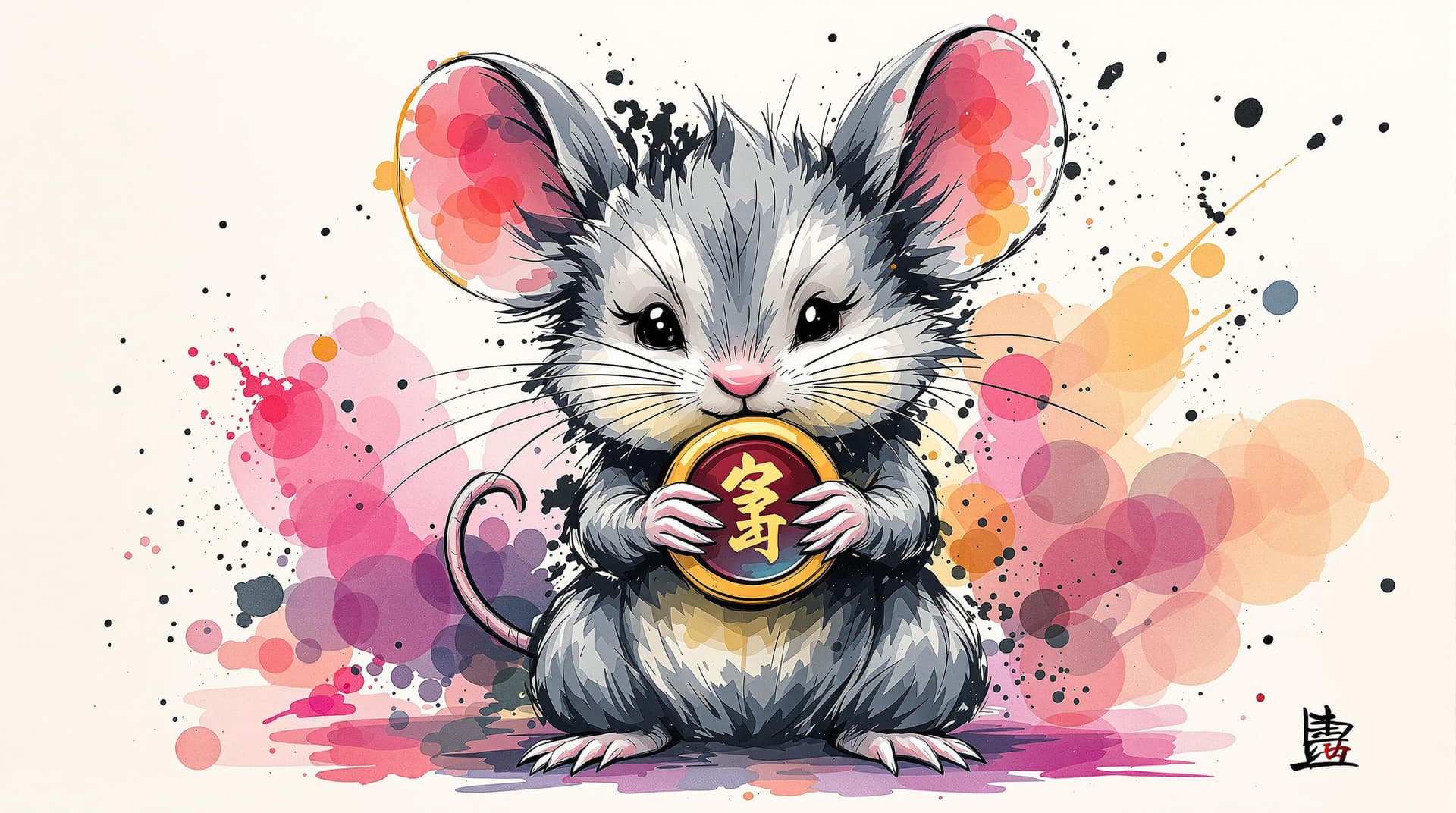 AI generated: cute Mouse with straight face grabing a protective talisman, detailed, ink style, Ink splash art on ...