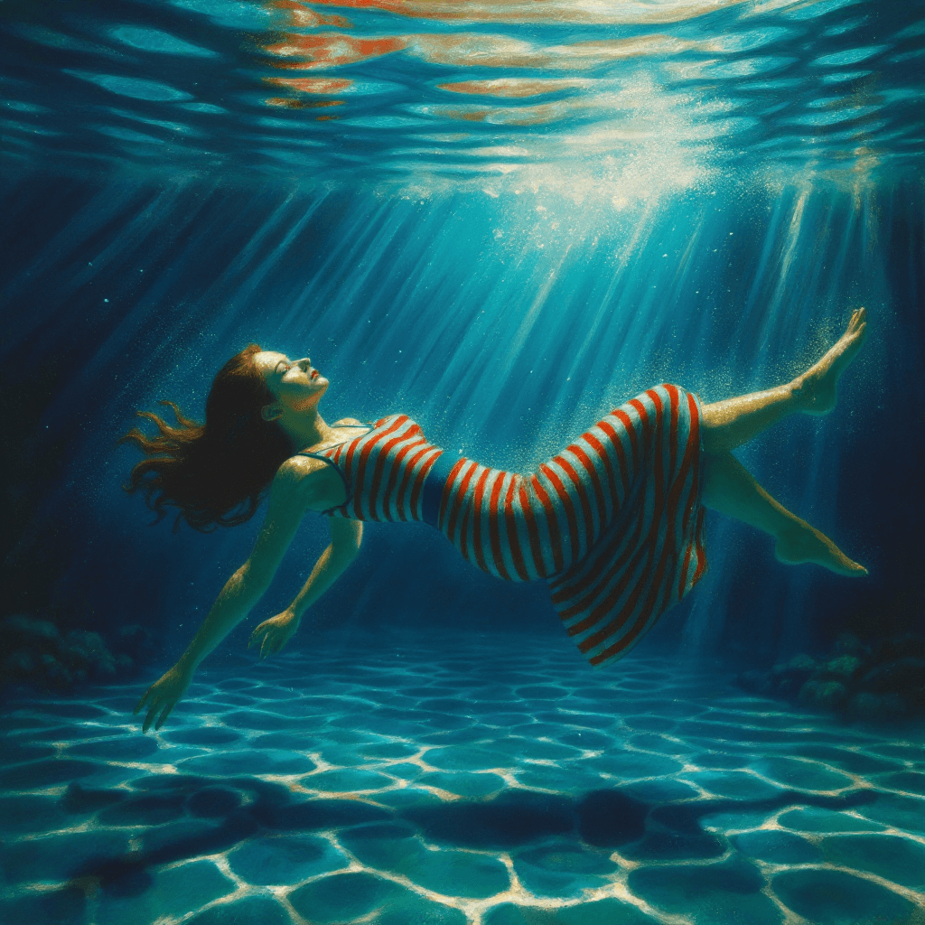 AI generated: A woman in a striped dress gracefully floats underwater on her back, illuminated by beams of sunligh...