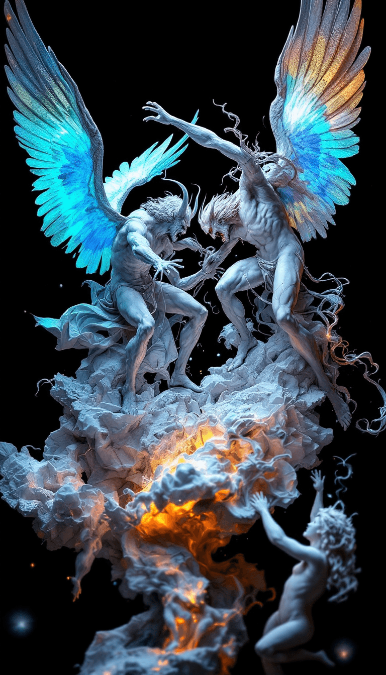AI generated: macroview of holographic marble statue of the fight between devils and angels in style of Aaron Hork...