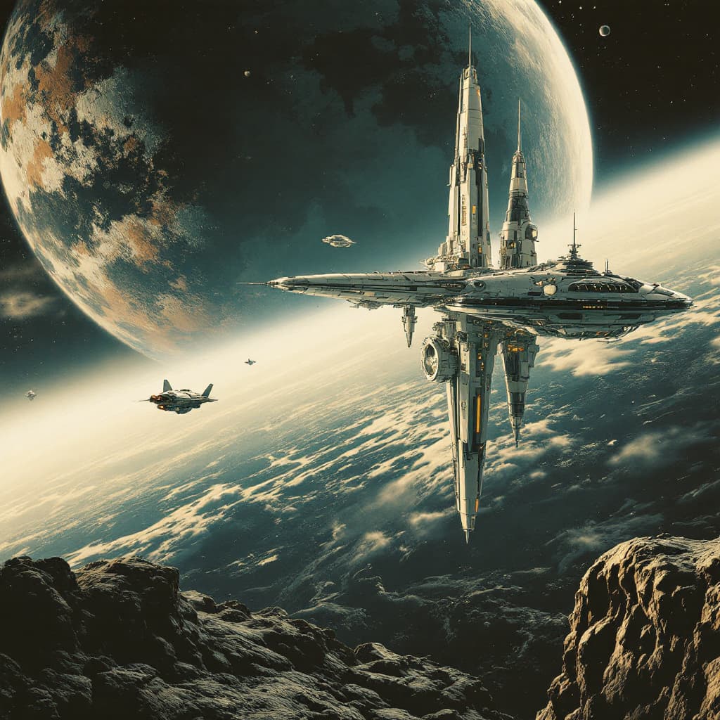 AI generated: Cinematic still of a space station orbiting an alien planet, with a large white spaceship in the bac...