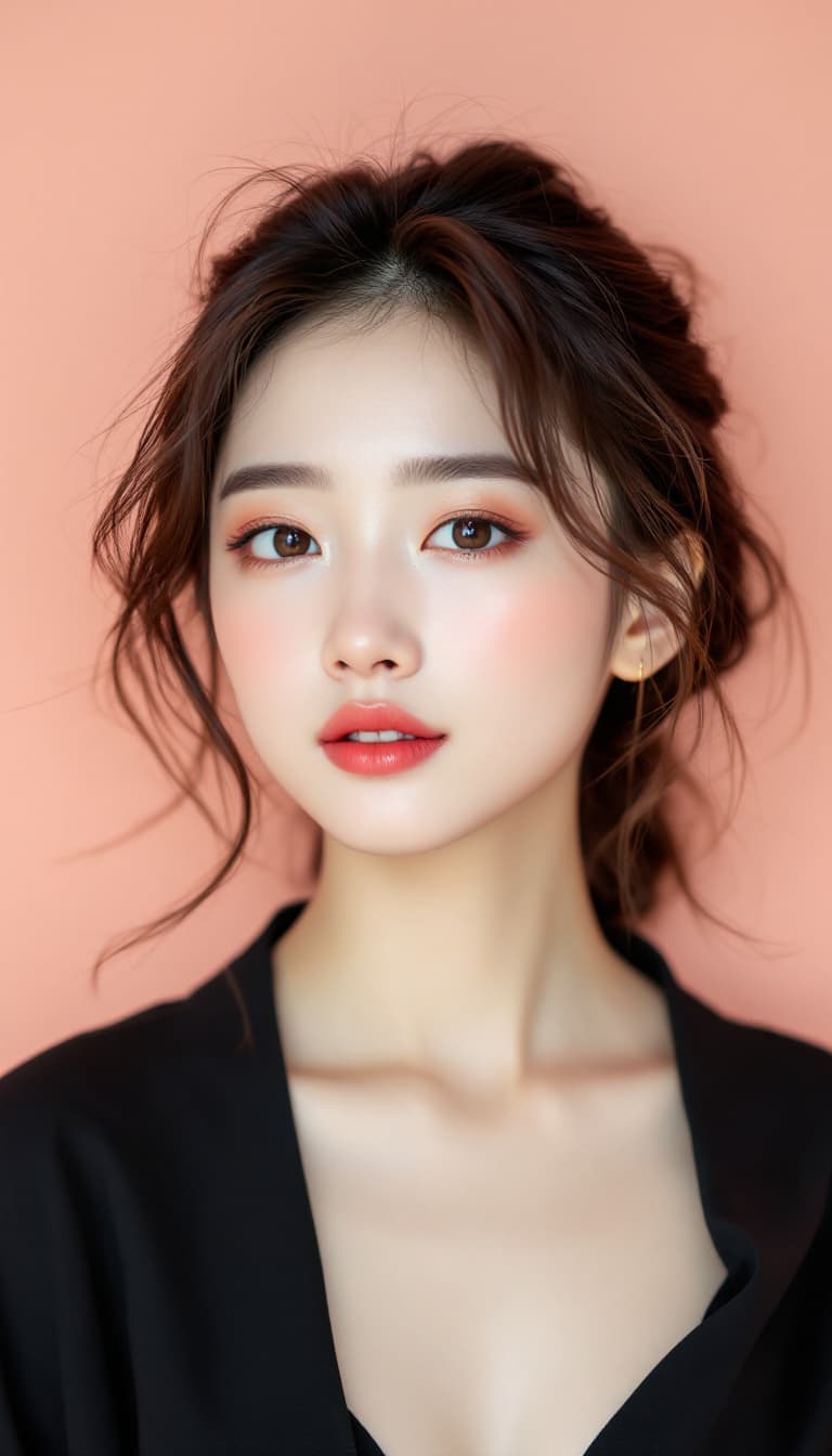 AI generated: A beautiful Chinese girl with brown hair in a low bun and light makeup, big eyes, peach pink backgro...