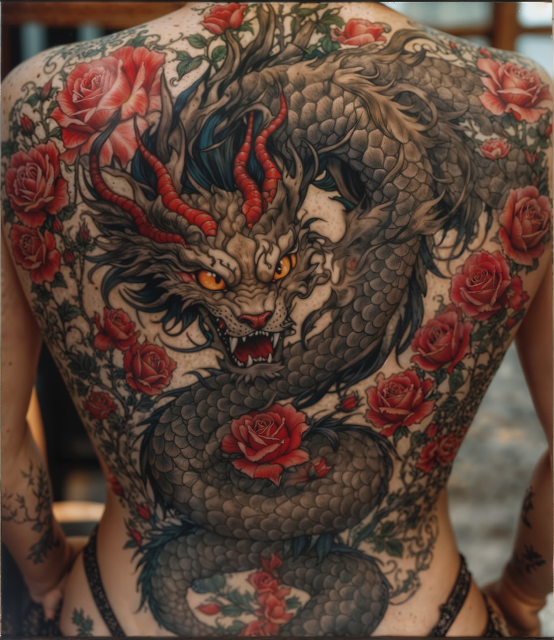 AI generated: A full body photo shot of a ((tattoo) ) of a dragon in a spiral flowing pattern with a field of rose...
