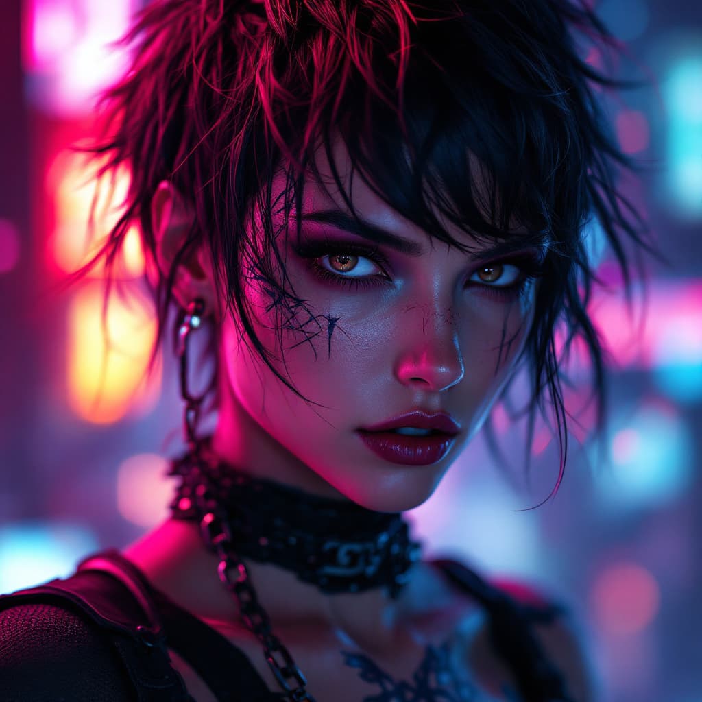 AI generated: A stunning close-up portrait of a mysterious cyberpunk warrior woman with brown an grey eyes, short ...