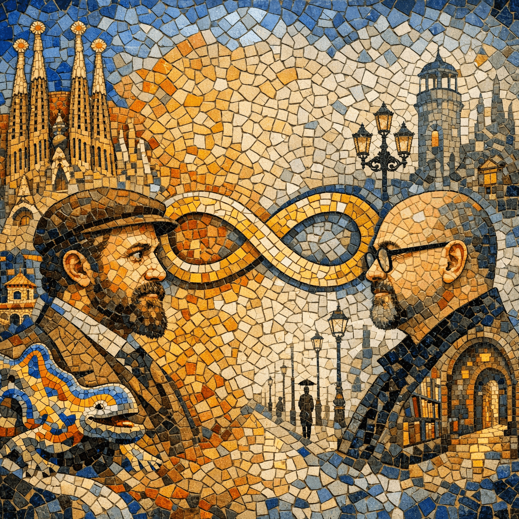 AI generated: Mural mosaico ceramico estilo trancadis con antoni gaudi y carlos ruiz zafon mirandose de frente con...