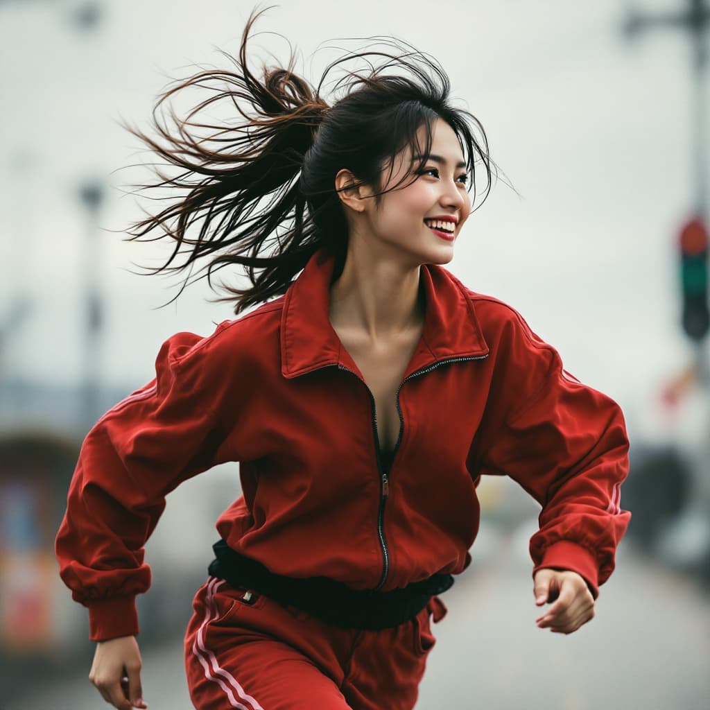AI generated: /imagine prompt:Asian woman,Red sporty Jeans Cloth with Adidas white sport shoes, running, windswept...