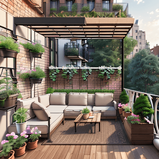 AI generated: SMALL GARDEN ON THE BALCONY OF A modern c-shaped APARTMENT building WITH BRICK FINISH AND wooden PER...