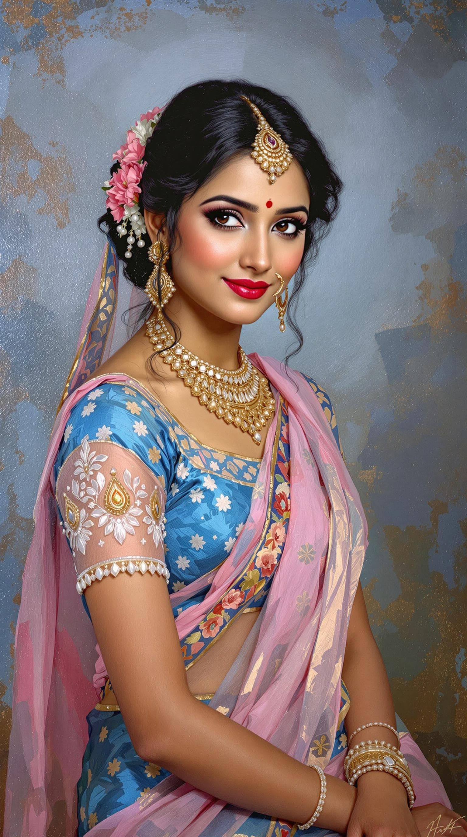 AI generated: A beautiful Indian woman in an elegant blue lehenga with pink sari, in the style of impressionist po...