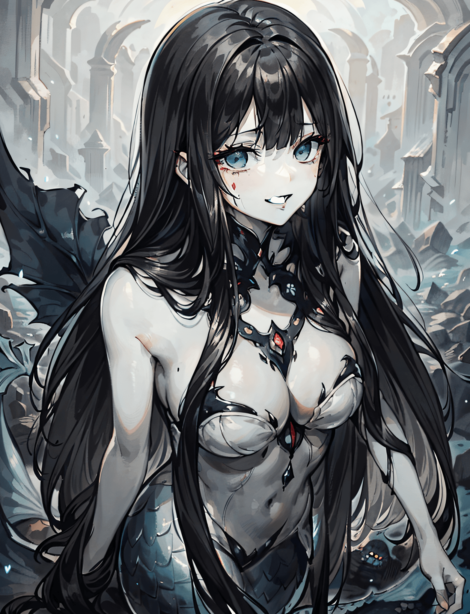 AI generated: (masterpiece, best quality:1.2),bloody, beautiful face,(Gray\green skin),mermaid, highly detailed, {...