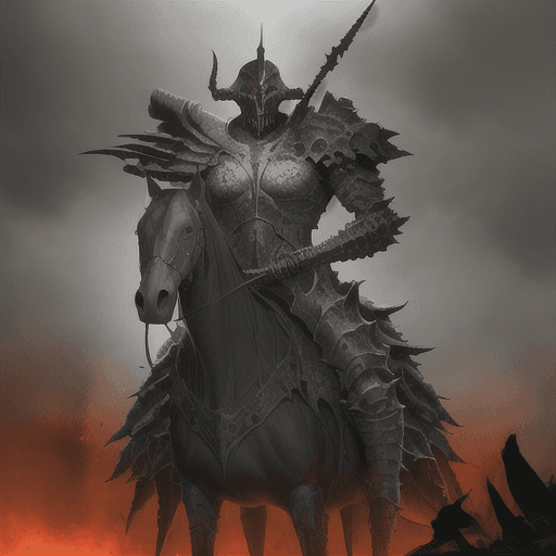 AI generated: (skull), (horseman of the apocalypse Hunger), armor, weapon, helmet with a horse tail, in style of f...