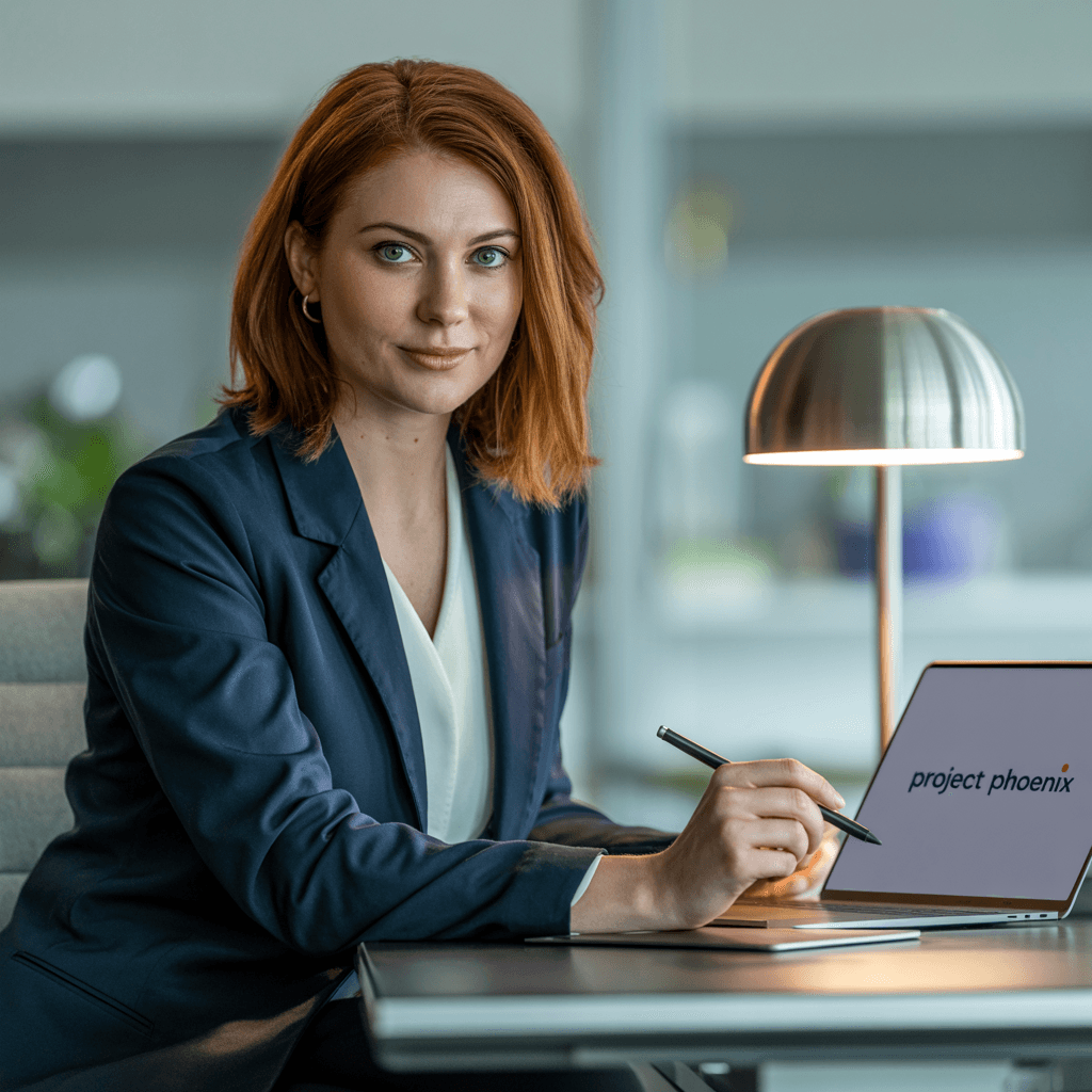 AI generated: Horizontal photo, size: 1920 x 1080, one attractive woman at the computer with a blazer
