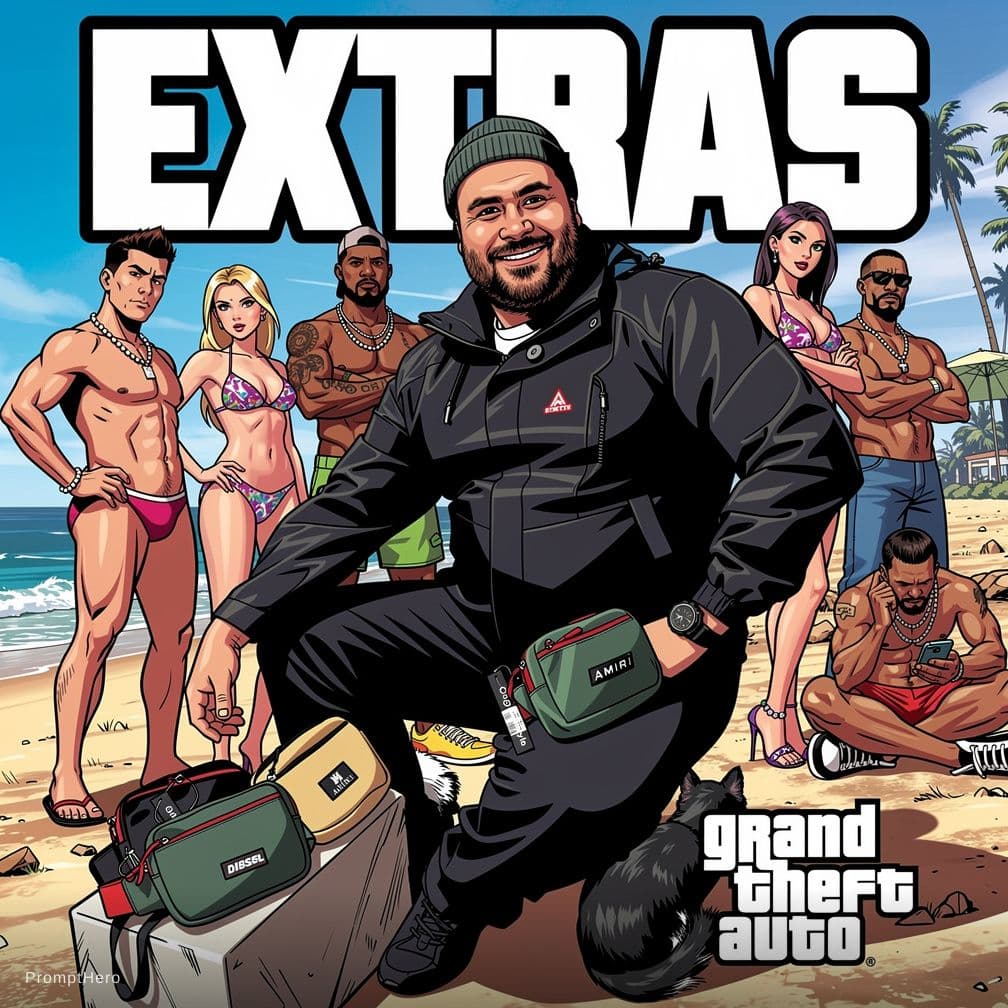 AI generated: Cartoon illustration, comic book cover featuring a group of diverse men and women at the beach, wear...