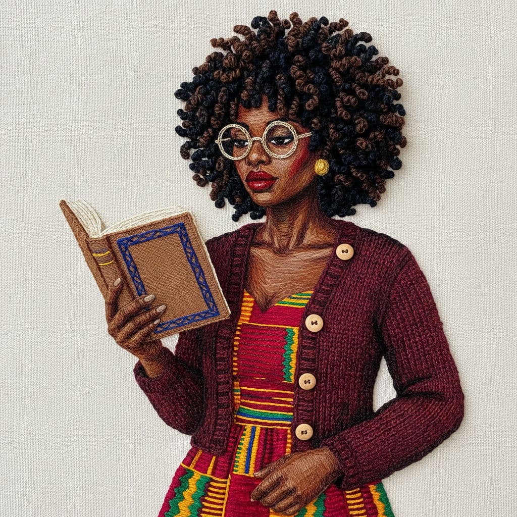 AI generated: A vibrant and intricately crafted textile art portrait of an African American woman immersed in read...