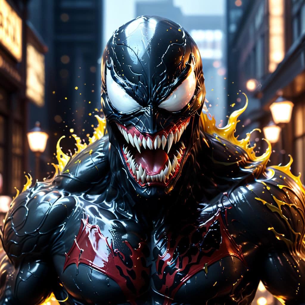 AI generated: Venom, grins, ferrofluid costume, hyperrealism, 8k, masterpiece, highly detailed RAW color art, boke...
