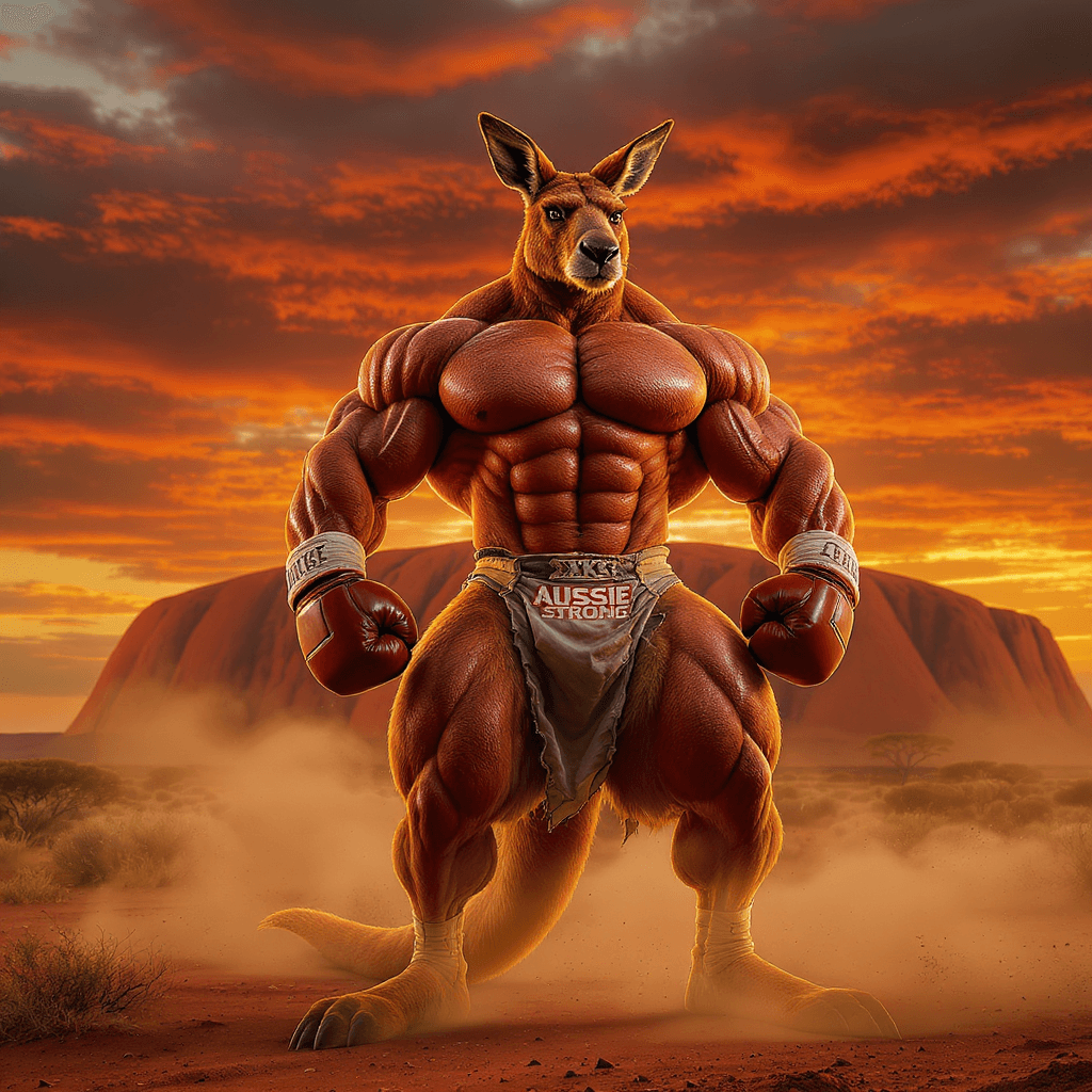 AI generated: "Sunset Showdown – Ripped Red Kangaroo Bodybuilder at Uluru"**  

**"A massive, hyper-muscular red...