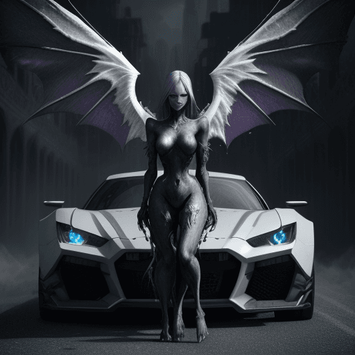 AI generated: An amazing creature, standing in front of a car, incredibly cute appearance with a hellishly evil so...