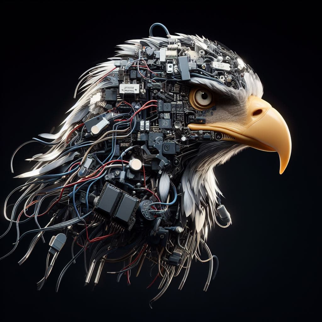 AI generated: an eagle,which is half animal and half machine,wires,screws,diodes,cables,microprocessors can be see...