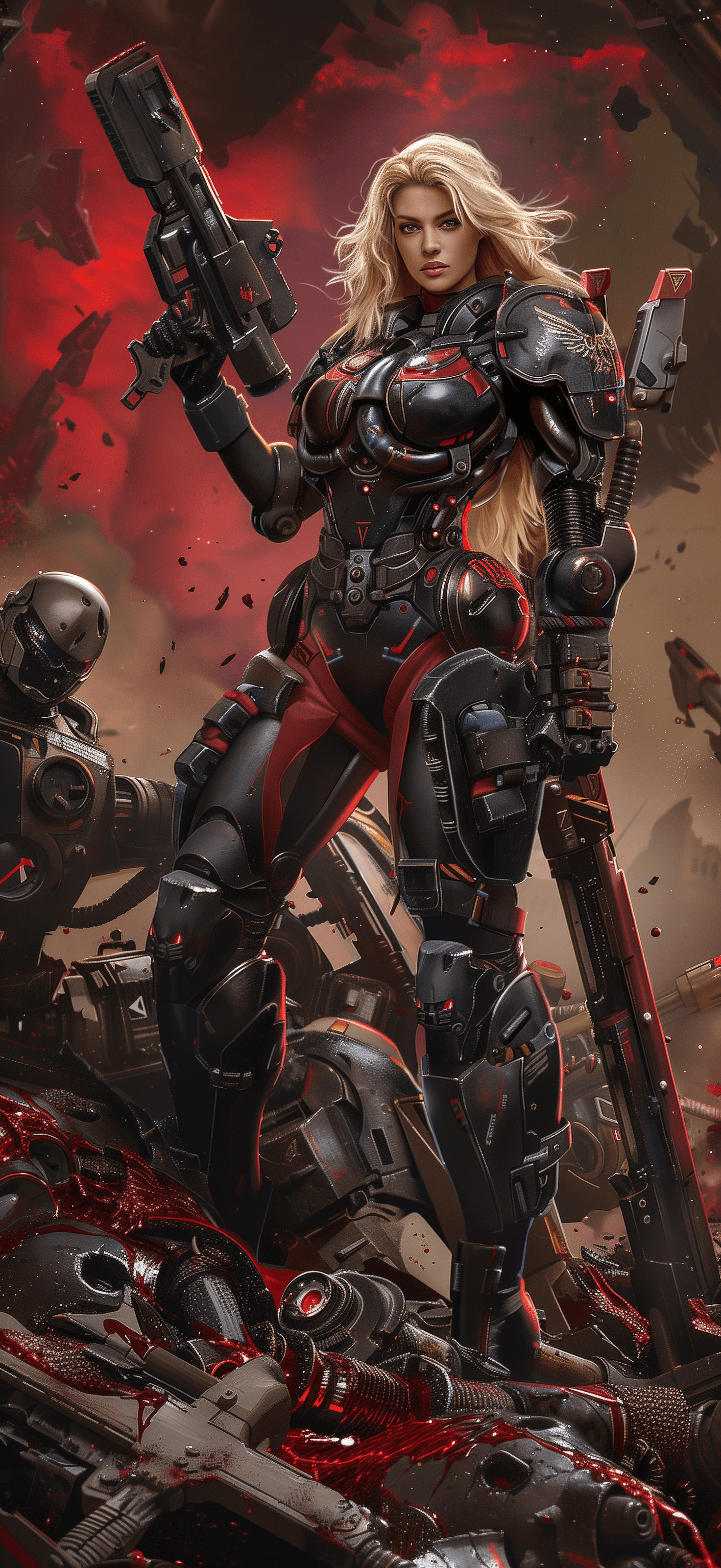 AI generated: a beautiful blonde female helldiver posing with her quasar cannon pointing the sky on one hand and h...