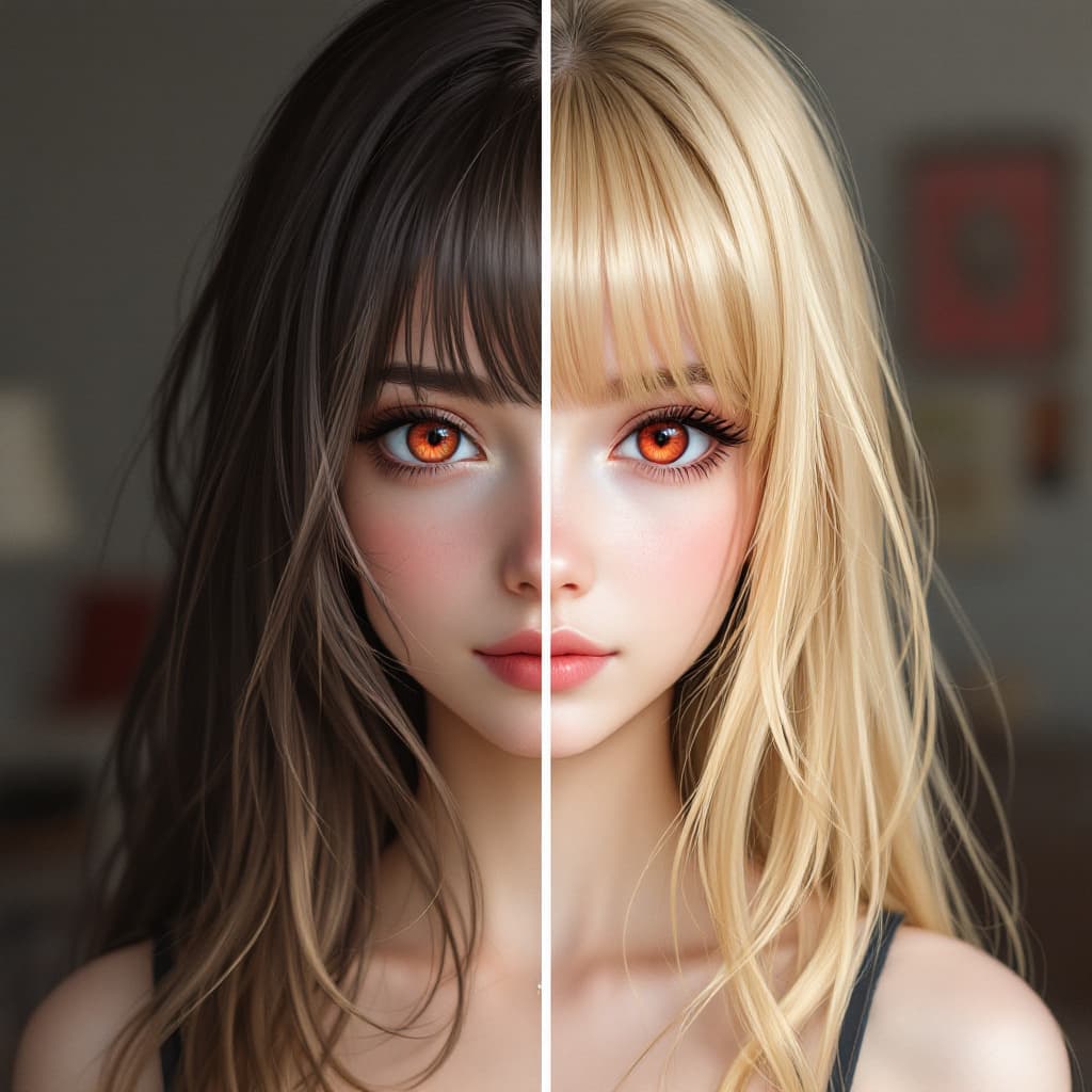 AI generated: Long black hair anime wife apperance change into long blonde hair anime wife, red eyes, ( show befor...