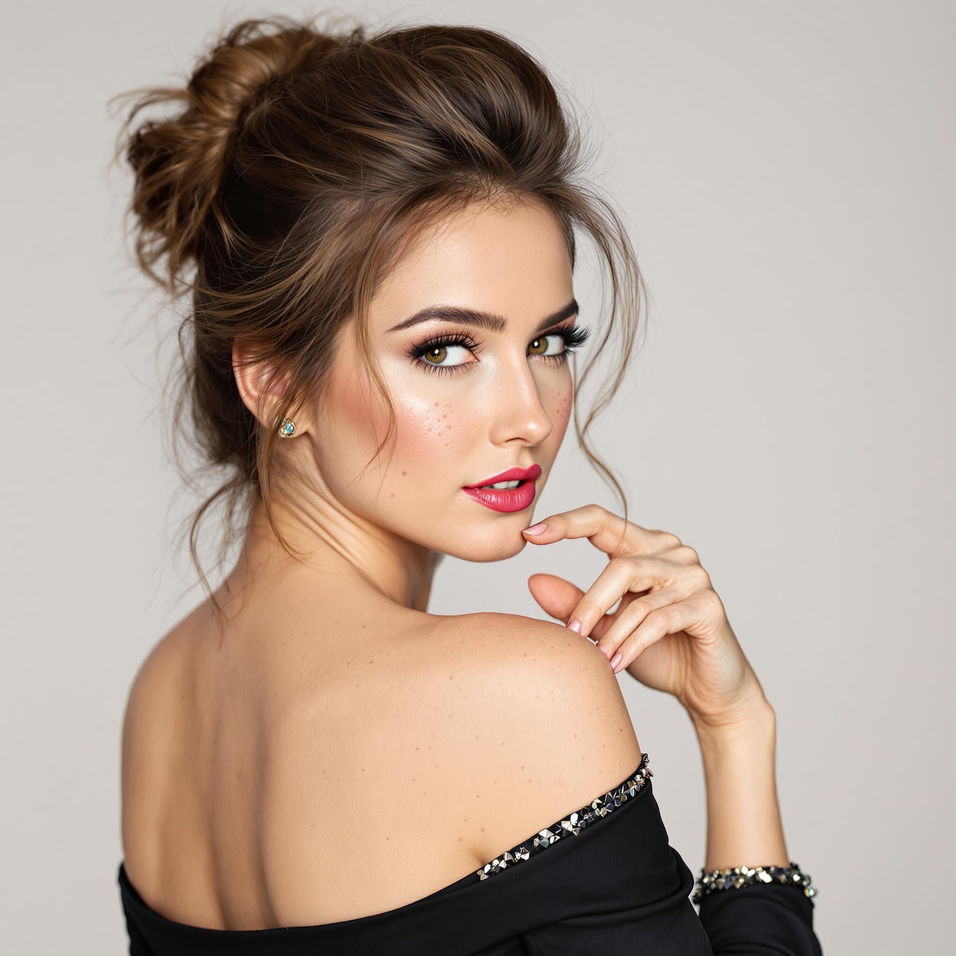 AI generated: An image of a woman offering a sophisticated over-the-shoulder look towards the viewer. Her body is ...
