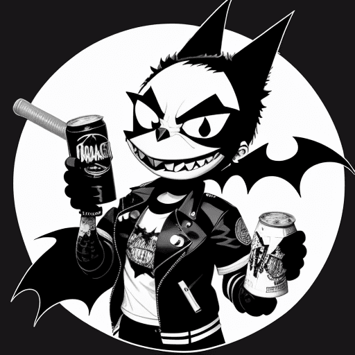 AI generated: A punk-rock anthropomorphic bat that is chugging a can of beer with one hand and holding a baseball ...