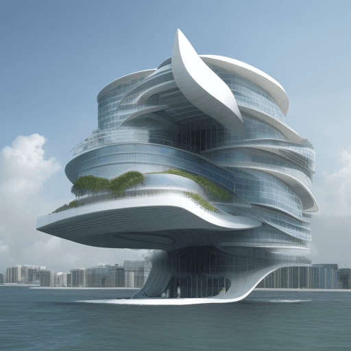 AI generated: futuristic building that deals with rising sea levels through design, architecture inspired by the p...