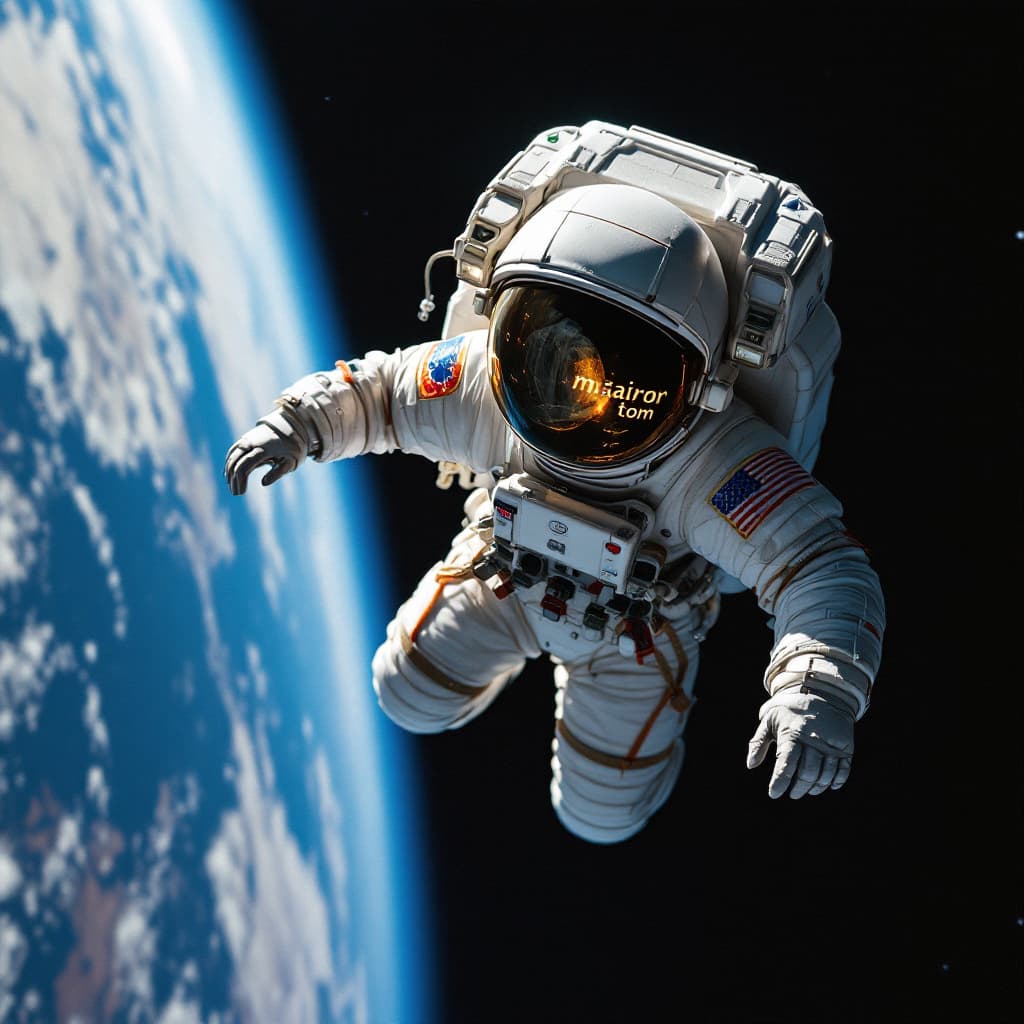 AI generated: an astronaut in orbit above earth is spacewalking , he has his name on thr helmet, major tom,  he is...