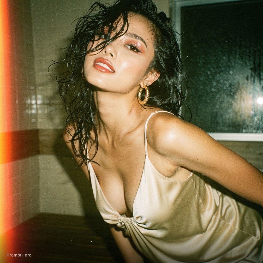 AI generated: half-topless, inside motel hot sauna room, wet hair, wet body, tight fit contour wet deep big cleava...