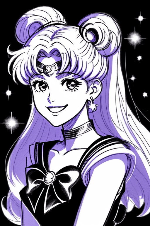 AI generated: sailor moon smiling sketch, black background, bright sparkles