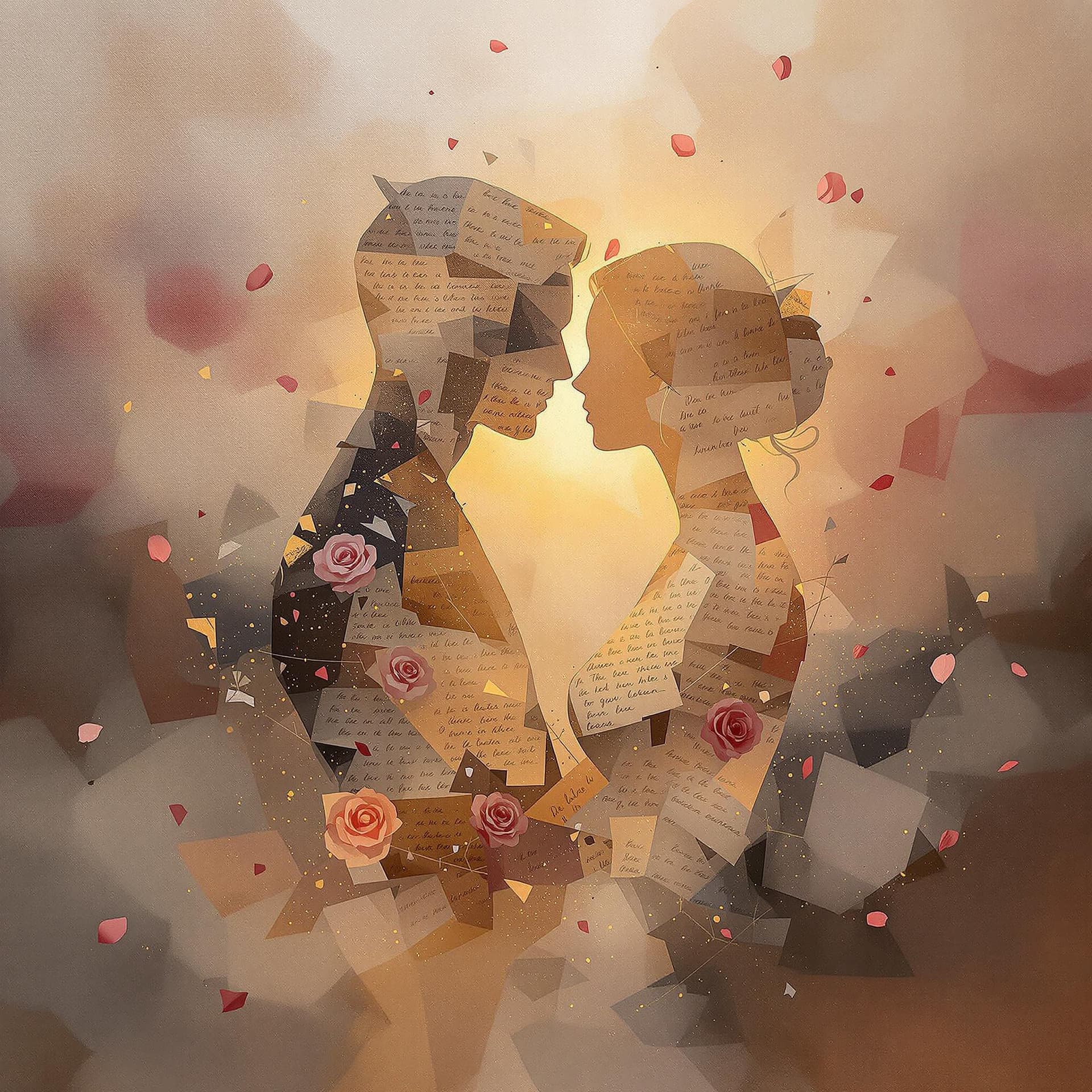 AI generated: A surreal romantic painting of two abstract figures dissolving into one another, painted with soft b...