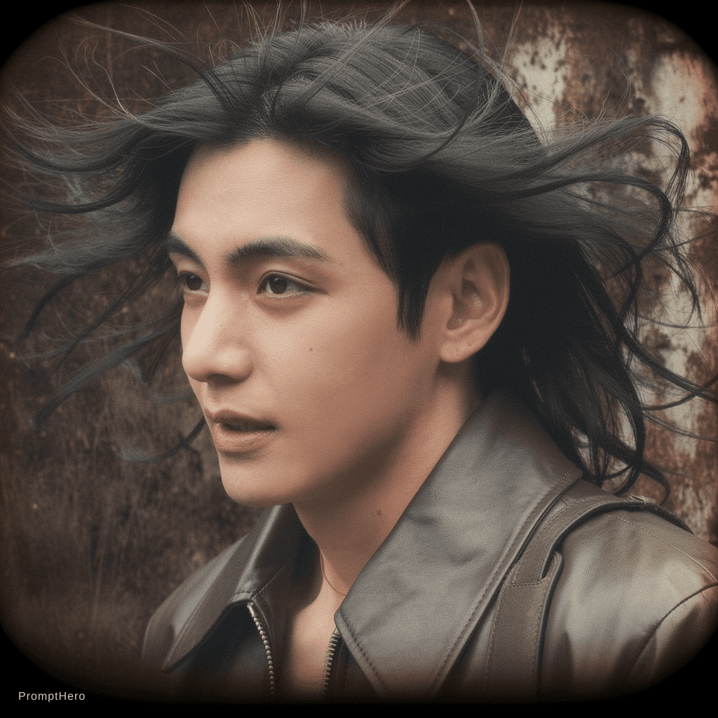 AI generated: a man with long wild hair on a windy day, in the style of toy camera effects, haunting elegance, fro...