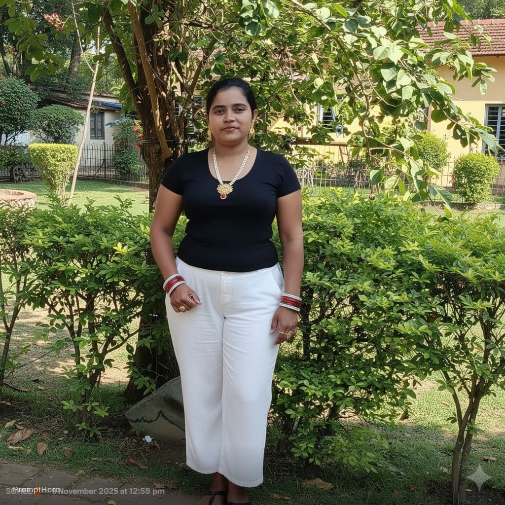 AI generated: She wear a black bra and white pante. Unchanged face 