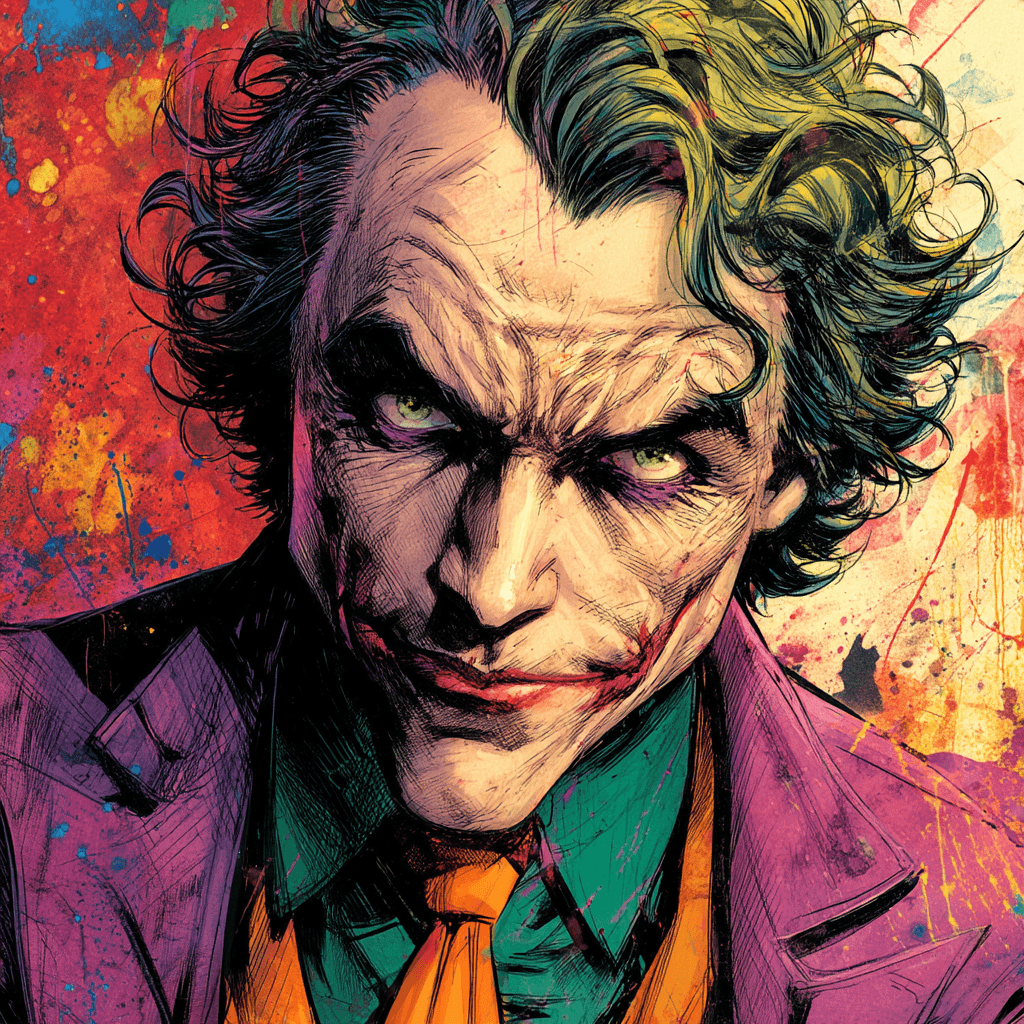 AI generated: The Joker, a Caucasian male in his 40s, with a villainous expression,  wearing a purple suit jacket,...