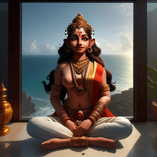 AI generated: girl like mata sita and shree ram and hanuman , 
Hyper realistic eye level  overlooking the ocean, d...
