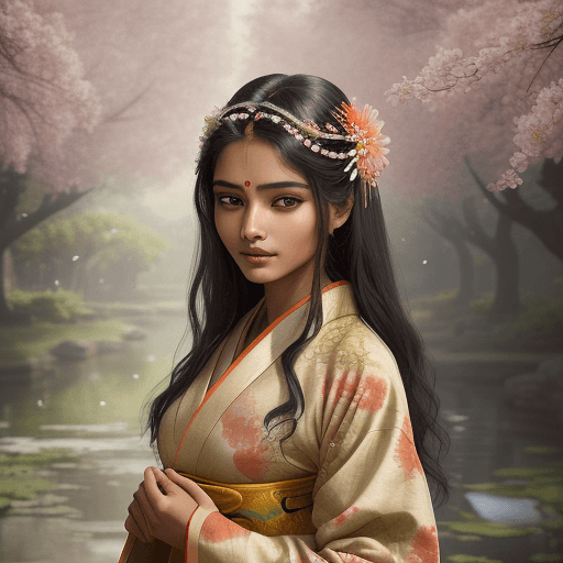 AI generated: The image features a beautiful india woman wearing a traditional kimono, which is a long, flowing ga...