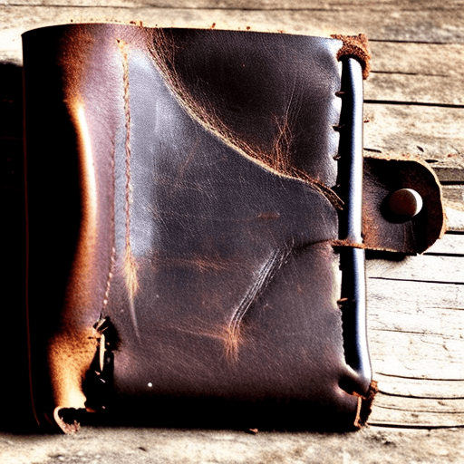 AI generated: An abandoned leather wallet, held open by a beggar, to show no cash or credit cards. Style: goth