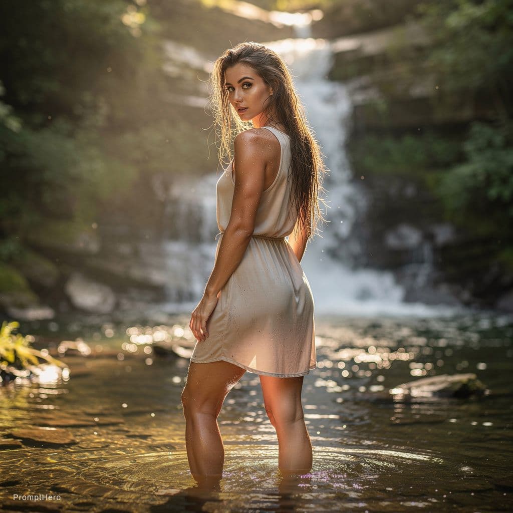 AI generated:  sunny morning light,rim lighting,outside in nature,waterfall,full body standing (curvy:1.4) naked g...