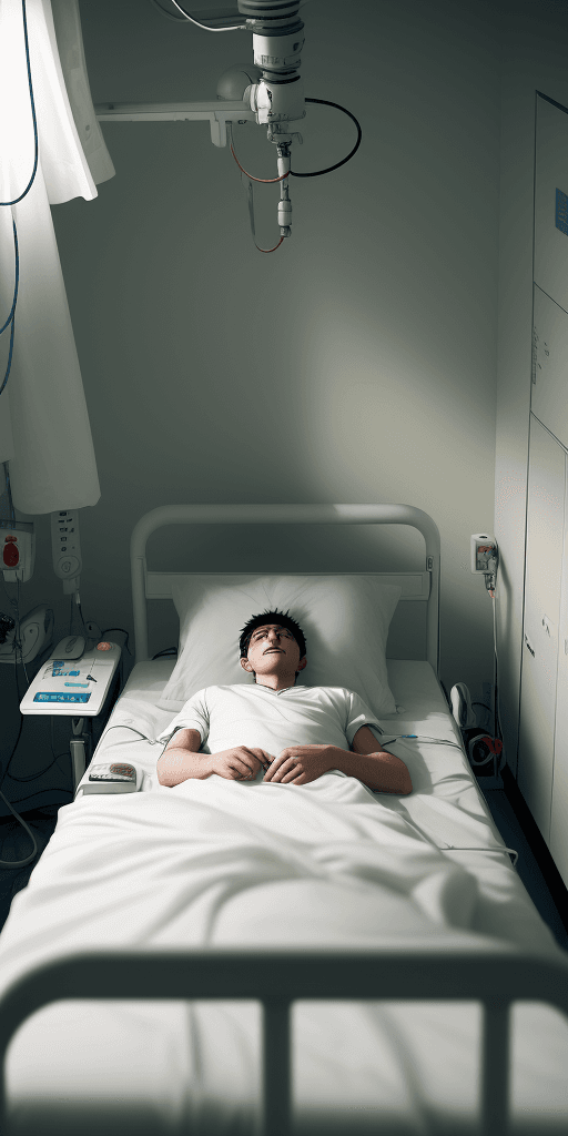 AI generated: High resolution vertical photography of a young patient lying in bed in a hospital room in his last ...