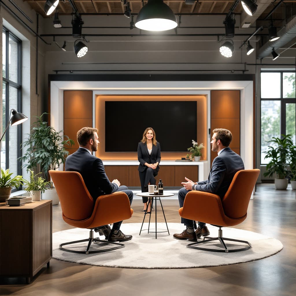 AI generated: a presenter with a guest in the studio facing the camera, a spacious TV studio with a frontal view, ...