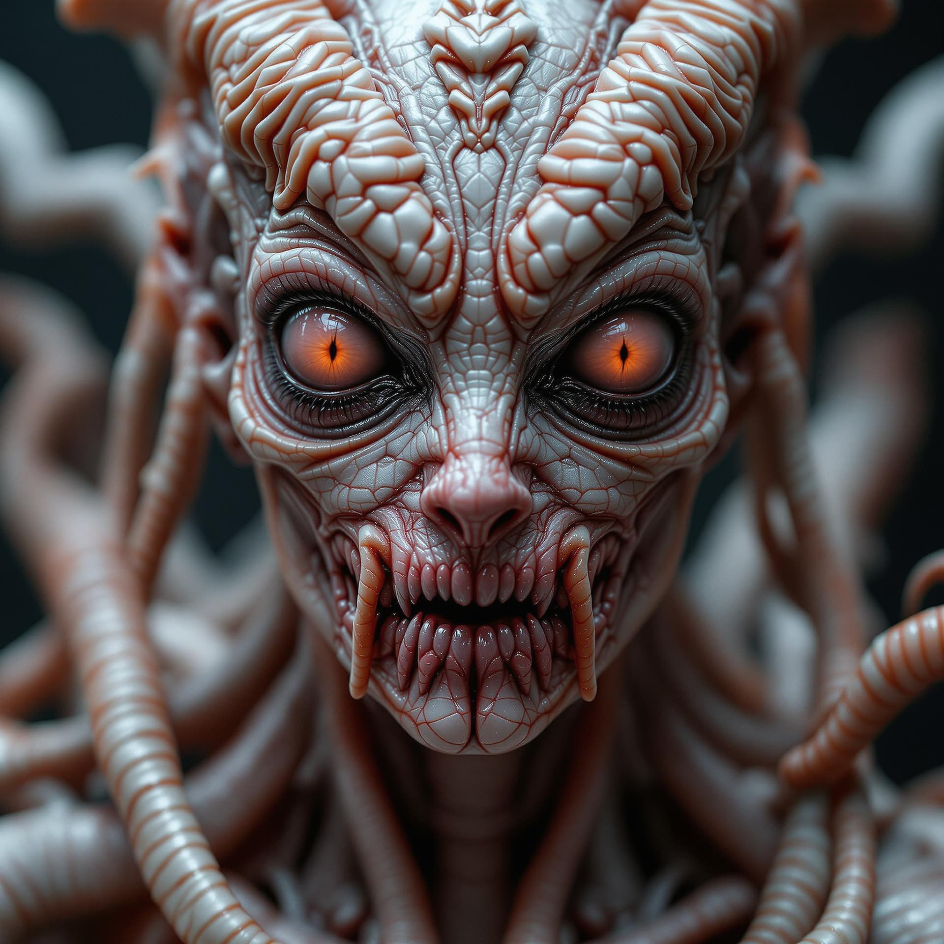 AI generated: slimy,creepy female cyborg demons,different full body modelposition, high detailed cinematic backgro...