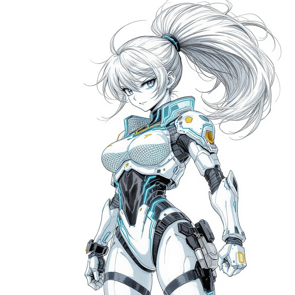 AI generated: A high-energy anime illustration of a fierce American girl with radiant platinum hair tied in a volu...