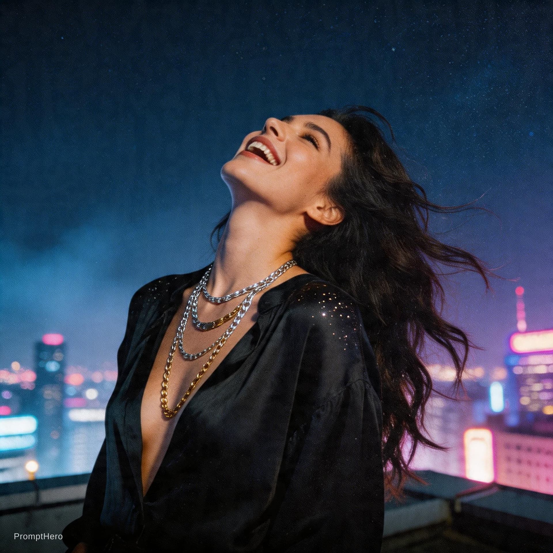 AI generated: A grainy, high-ISO rooftop documentary scene captures a tall, statuesque woman with long, dark, wind...