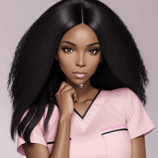 AI generated: **dark African American Botox nurse with black straight hair, wearing pink scrub, PHOTOSHOOT FOR ski...